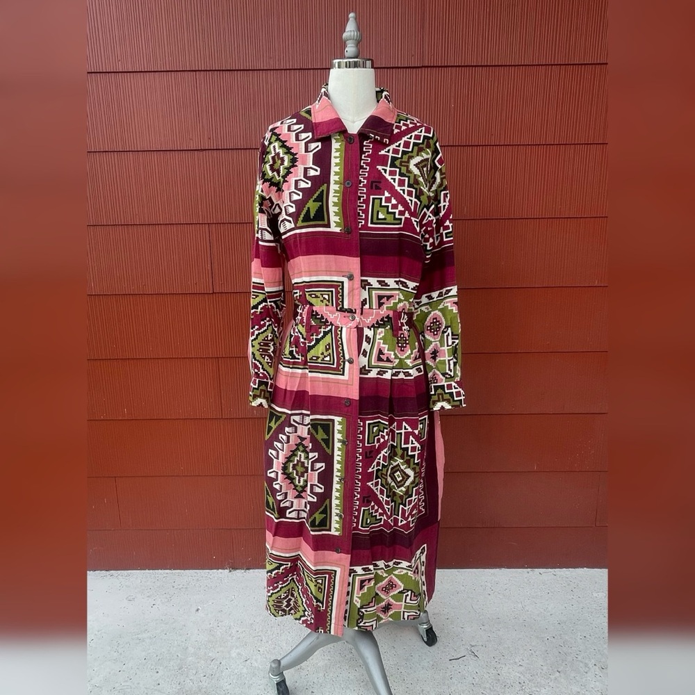 Issey Miyake Sport Rare Vintage 80s Wool Japan Aztec Pleated Long Sleeve Dress